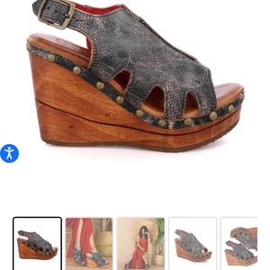 Distressed looking Bed Stu wooden and leather wedge sandal. Brown/black